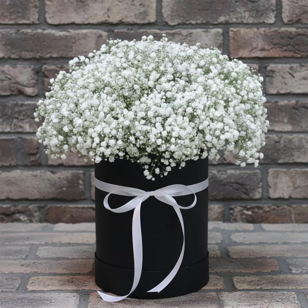 Цветочная композиция из Гипсофила в шляпной коробке в Александров Гае