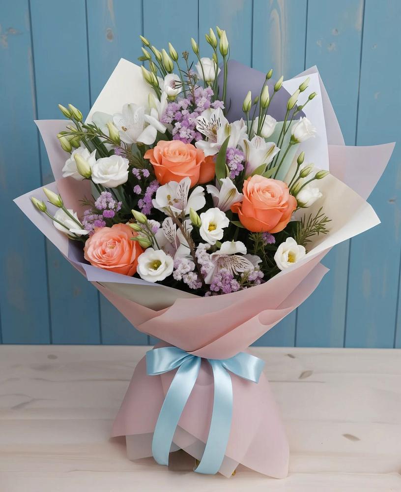 Букет цветов из: Лизиантусы, Розы, Альстромерии и Гипсофила в Александров Гае